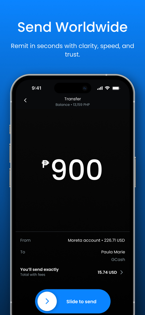 Moreta Pay - Moreta Pay App-Oberfläche, die eine internationale Geldüberweisung von 900 Philippinischen Pesos von einem USD-Konto anzeigt