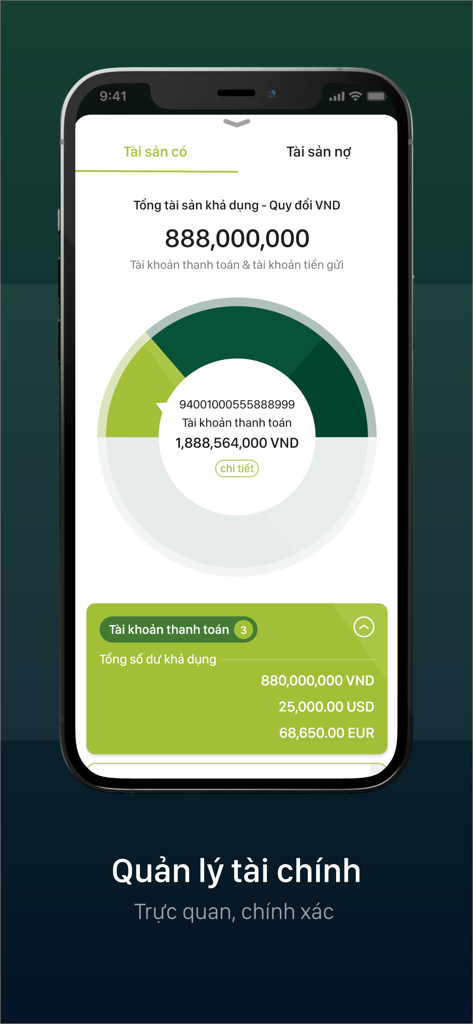 VCB DigiBiz - Painel do aplicativo móvel VCB DigiBiz exibindo saldos de contas empresariais em VND, USD e EUR com um gráfico de visão geral financeira.