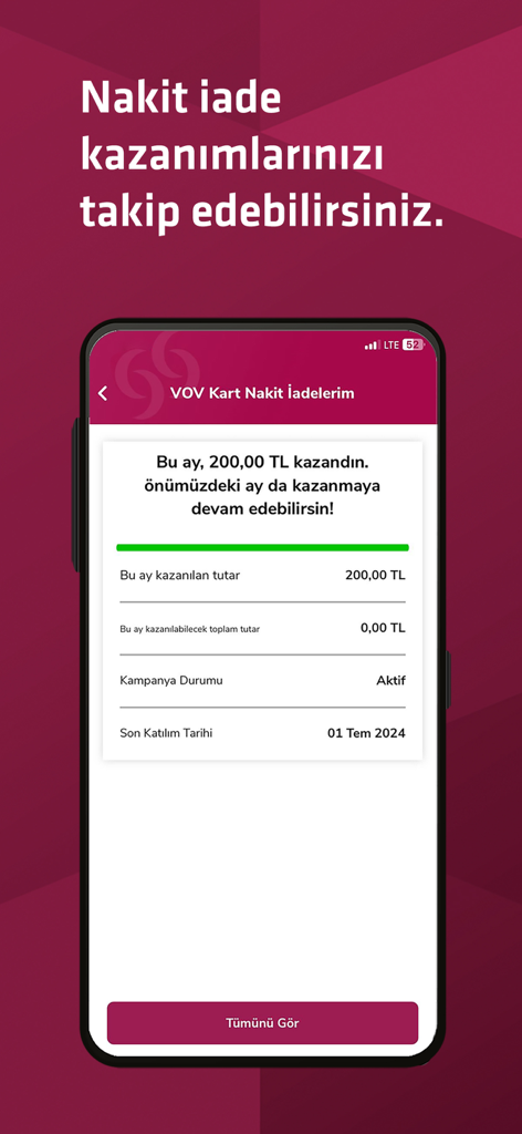 Alternatif Bank Mobile - Alternatif Bank Mobile app screen showing cashback earnings and VOV Card reward details