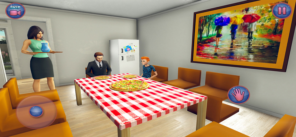 Real Mother Simulator - A mother character serves pizza to her husband and son in a 3D family dinner simulation.