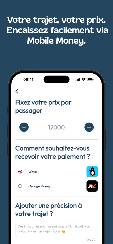 Klando - ドライバーがライド料金を設定し、モバイルマネー決済オプションを選択するためのKlandoアプリインターフェース