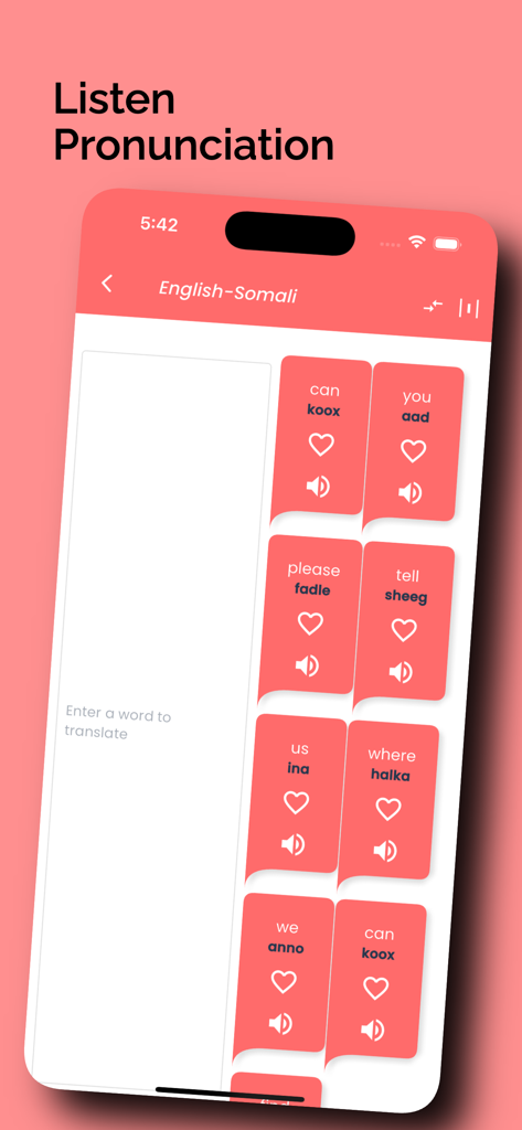 Pantalla de la aplicación móvil que muestra tarjetas de traducción de inglés a somalí con pronunciación de audio e iconos de favoritos