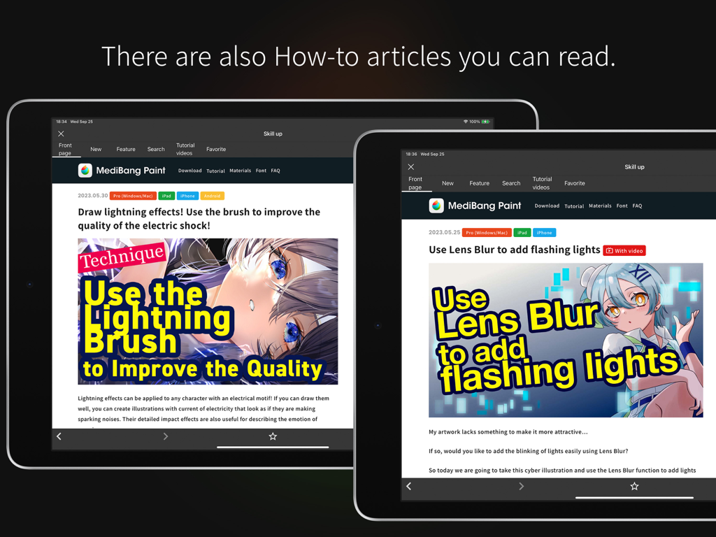 Screenshots der MediBang Paint App, die Manga-Zeichentutorials und Anleitungsartikel auf Tablet-Geräten zeigen.