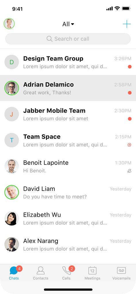 Cisco Jabber - Cisco Jabber mobile app showing a list of chat messages
