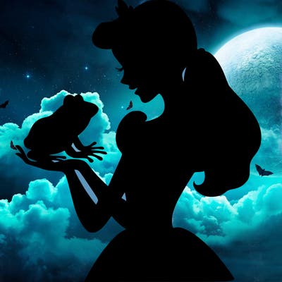 a shadow of a princess holding a frog realistic