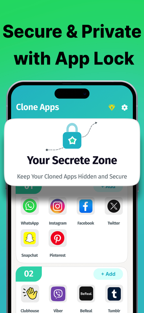 Clone Apps - Parallel Space - 복제된 소셜 미디어 계정을 잠그기 위한 보안 비밀 공간을 보여주는 Clone Apps 인터페이스