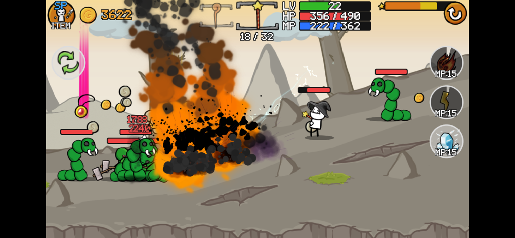 Un personaje mago stickman luchando contra monstruos verdes con explosiones mágicas en Stickman And Gun2.
