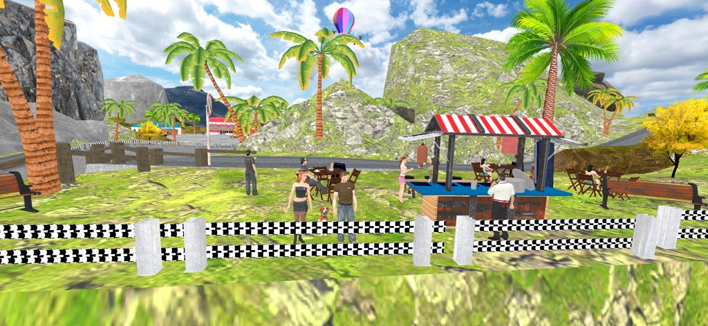 Xtreme Thrill Rock Jeep Run - Um ambiente tropical 3D de jogo com montanhas, palmeiras, personagens e uma barraca de comida