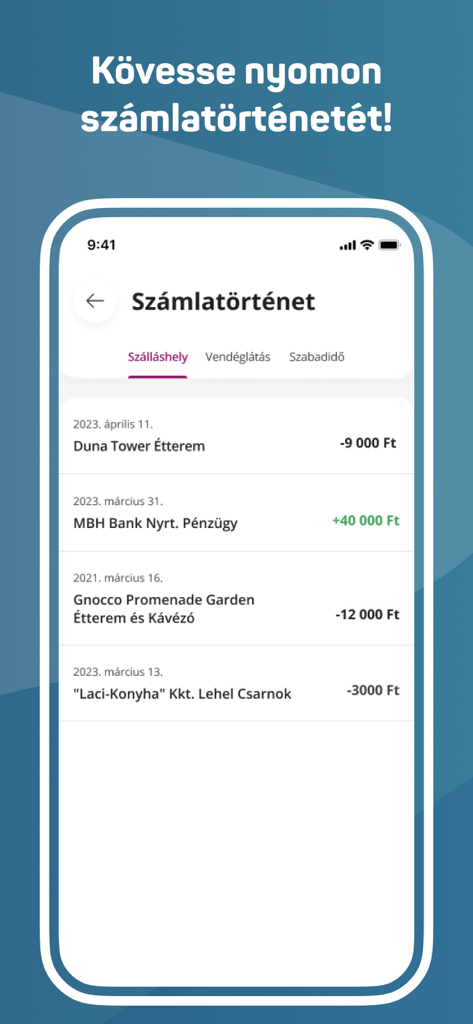 MBH SZEP Kartya Mobile App Kontoverlauf Bildschirm mit einer Liste von Transaktionen