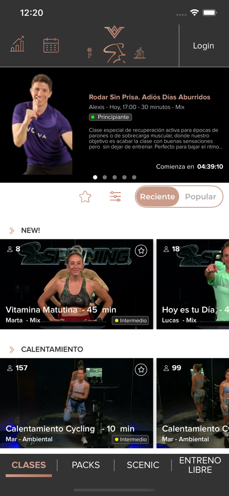 Interface of the Volava by Spinning app showing a list of available cycling and fitness classes with instructor and duration details