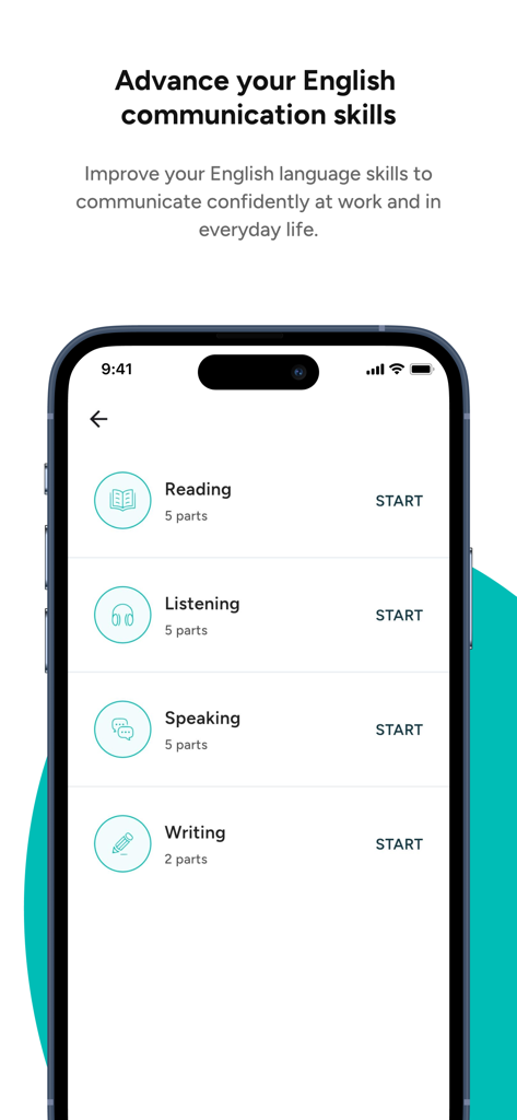 Interface de l'application Cambridge Active Learn montrant les modules de lecture, d'écoute, de parole et d'écriture