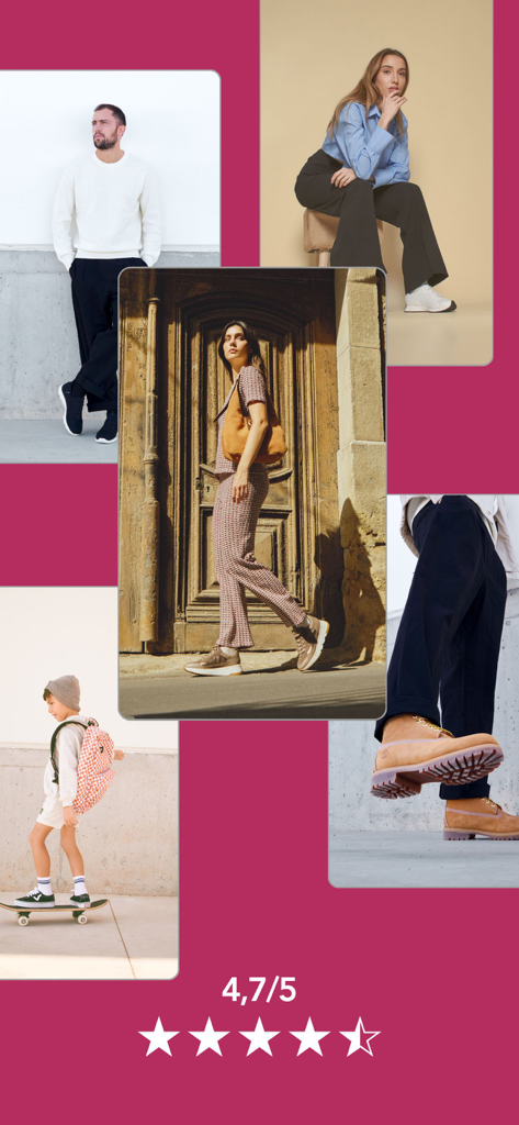 Zacaris Zapatos Online - Collage of lifestyle fashion photos for men women and children with a four point seven star user rating for the Zacaris app