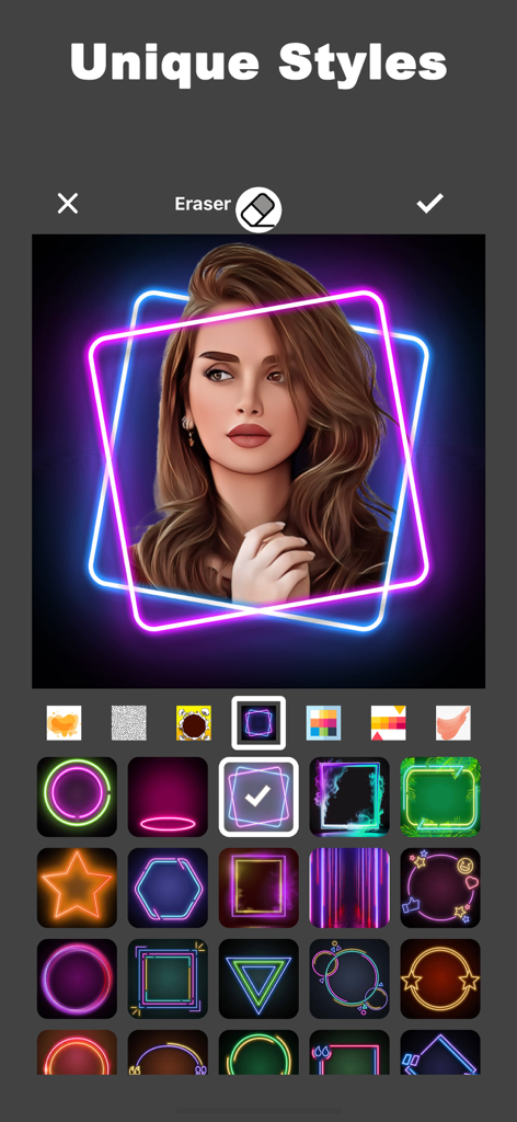 AI Cartoon Photo Maker Zoocy - AI cartoon photo of a woman with colorful neon geometric frames in the Zoocy app interface
