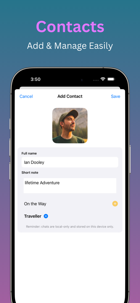 New Connect+ - Screenshot of the New Connect plus app showing the Add Contact screen with profile photo, name field, and custom tags