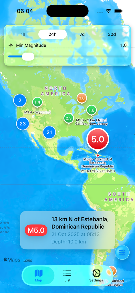 Earthquake Tracker & Monitor - Un mapa de seguimiento de terremotos en tiempo real que muestra eventos sísmicos con detalles de magnitud y filtros de tiempo