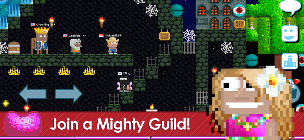 Captura de pantalla de gameplay de pixel art de Growtopia que muestra múltiples personajes en una mazmorra oscura con un banner invitando a los jugadores a unirse a un gremio poderoso