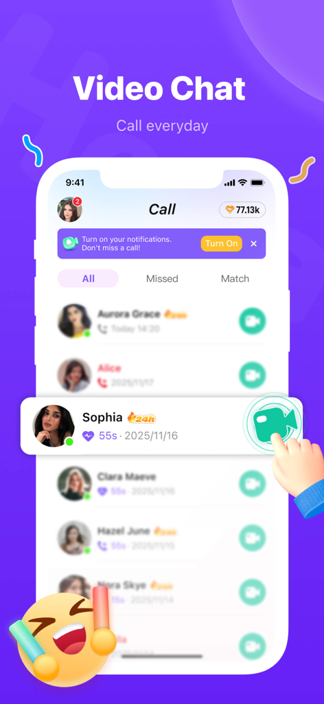 Interface of Heya app showing a list of profiles and a hand initiating a video call.