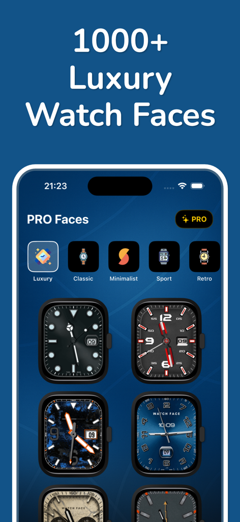 Prime Watch Faces Gallery - クラシックやミニマリストなどのカテゴリを備えた1000以上の高級ウォッチフェイスを表示するアプリ画面