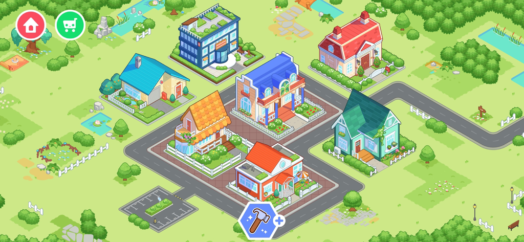 Avatar Home Maker Games World - A bird's eye view of a colorful neighborhood with various houses in Avatar Home Maker Games World.