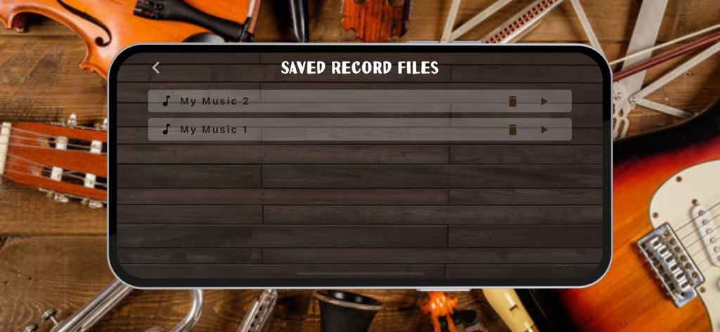 Organ Instrument - Interfaccia che mostra un elenco di registrazioni musicali salvate nell'app Organ Instrument