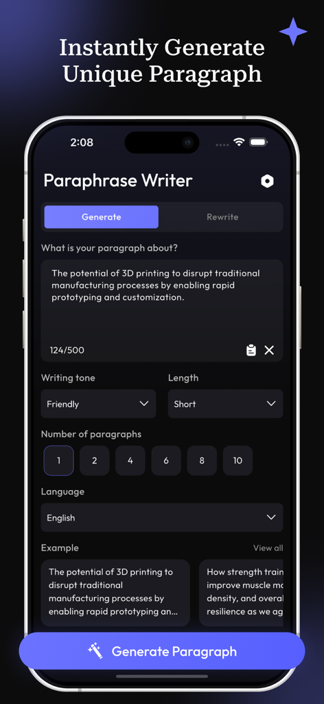 Paraphrase - AI Reword Writer - AI Paraphrase Writer app interface for generating unique paragraphs with adjustable tone and length settings