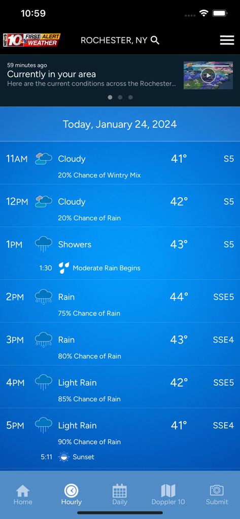 WHEC First Alert Weather - Hourly weather forecast for Rochester NY on the WHEC First Alert Weather app showing rain and temperatures in the 40s