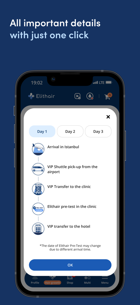 Elithair - Elithair mobile app screen displaying a day one travel itinerary for a hair transplant procedure in Istanbul.