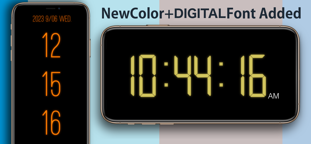 SClock-large,high visibility - SClock 앱 스크린샷, 세로 및 가로 모드에서 검은색 배경에 주황색과 노란색 글꼴의 대형 디지털 시간 표시