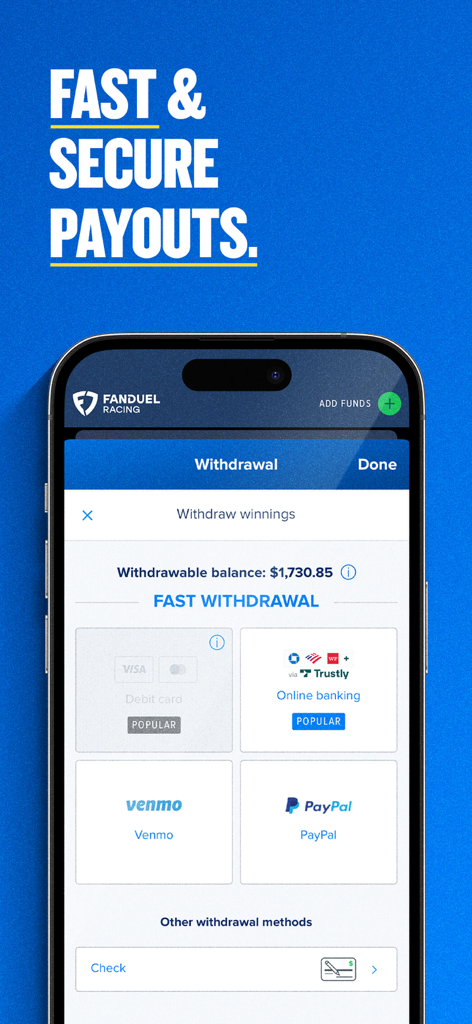 FanDuel Racing app withdrawal interface showing various secure payout methods like PayPal and Venmo