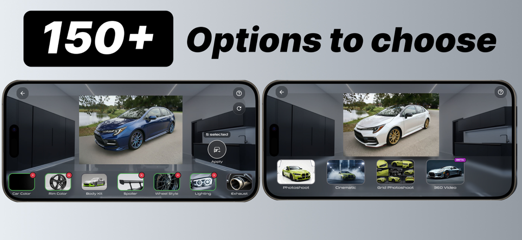 Tunex: AI Car Design & Tuning - Interface of Tunex app showing over 150 car customization options including rims, body kits, and spoilers with AI renders