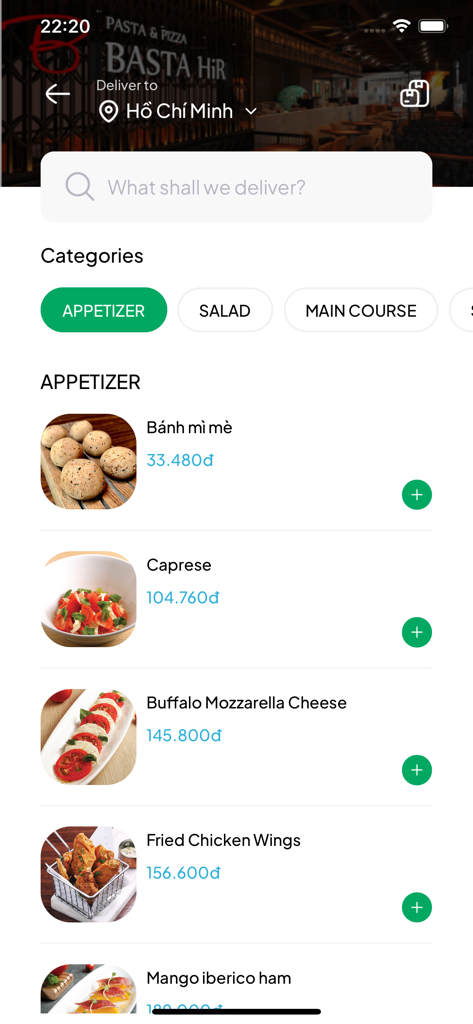 iGourmet app showing the Basta Hiro restaurant menu with food categories and appetizer listings