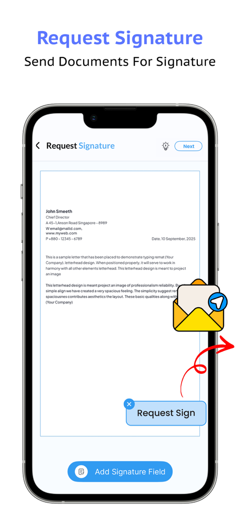 A mobile app interface showing the process of requesting a signature on a PDF document with a button to add a signature field.