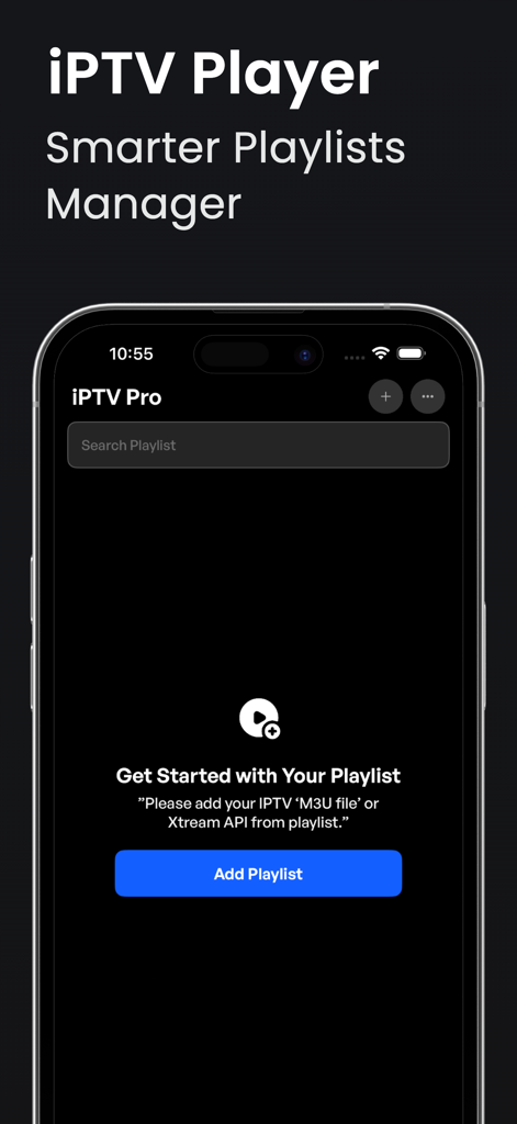 Startbildschirm der iPTV Pro Smarter Player-App mit Schaltfläche zum Hinzufügen von Playlists und Suchleiste auf einer dunklen Benutzeroberfläche.