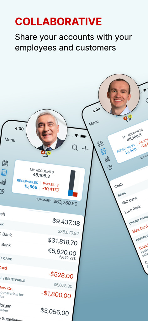 Oberfläche der Account Book App, die die gemeinsame Kontoführung für Geschäftspartner und Mitarbeiter zeigt