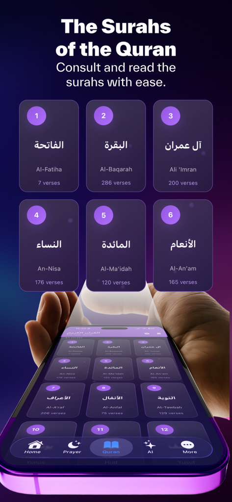 Islami - AI, Quran, Prayer - Mobile app screen displaying a list of Quran Surahs with Arabic and English titles and verse counts.