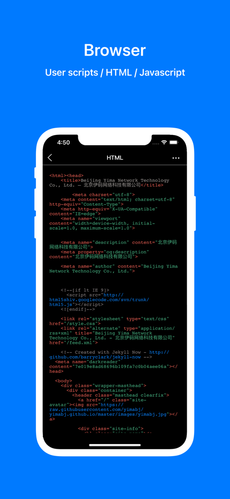 Smartphone screen showing HTML source code within the Zipym Lite browser app.