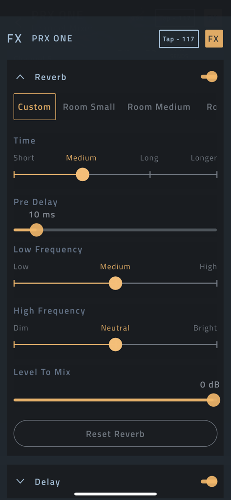 JBL Pro Connect - Interface do aplicativo JBL Pro Connect mostrando configurações de efeito de reverb profissional para o alto-falante PRX ONE