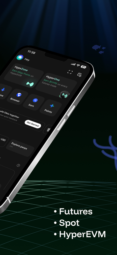 Okto: Crypto Wallet - Mobile screen of Okto Crypto Wallet displaying futures spot and hyperevm trading options