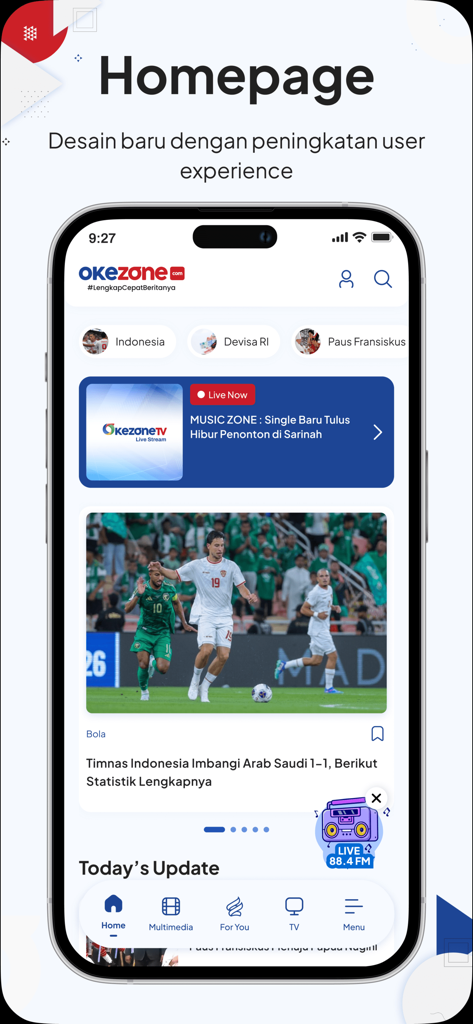 Okezone.com News - A smartphone displaying the Okezone news app homepage with Indonesian news articles and a live stream banner.