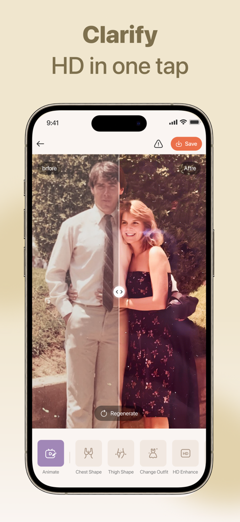 Nebula AI - AI Photo Video - iPhone screen showing a before and after comparison of an old photo being restored to HD using Nebula AI.