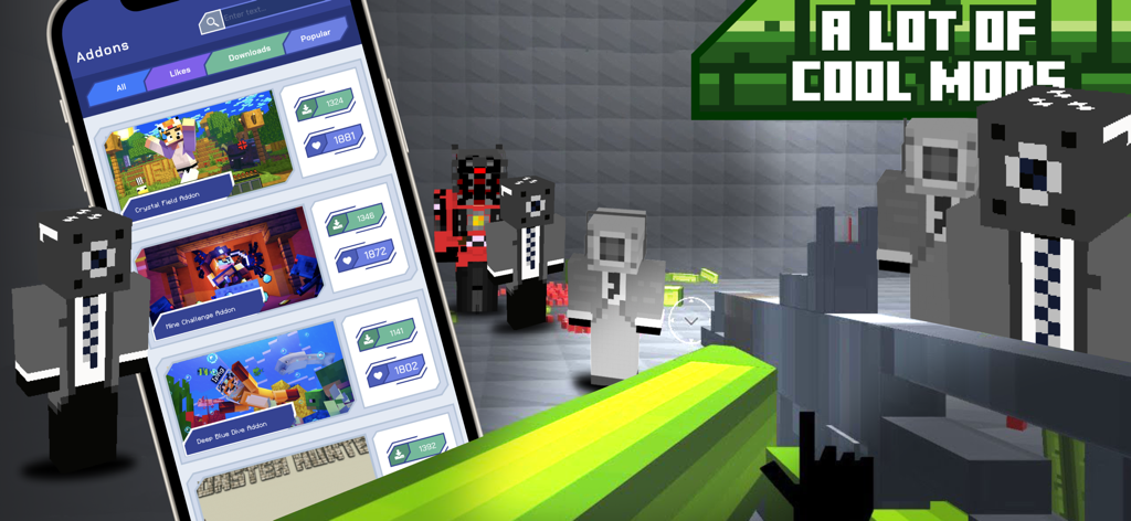 Un smartphone mostrando una lista de addons de Minecraft junto a una escena 3D con skins de personajes personalizados y el texto "Un montón de Mods Geniales".