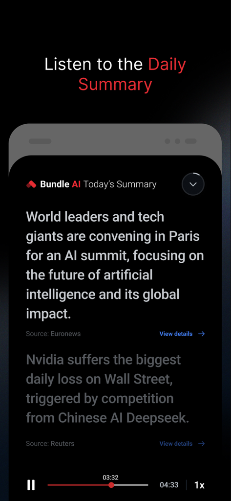 Bundle News app interface showing AI daily summary and audio player controls