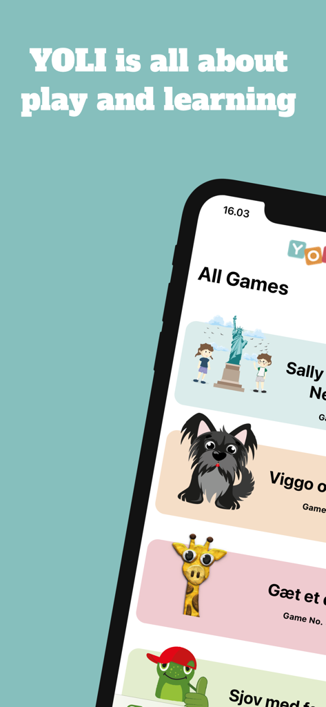 Die Play Yoli App-Oberfläche zeigt eine Auswahl an interaktiven Lernspielen für Kinder.