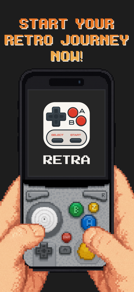 Retra - app console emulator - Una ilustración pixel art de manos sosteniendo un smartphone con una skin de consola retro que muestra el logo de la aplicación Retra y la pantalla de inicio.