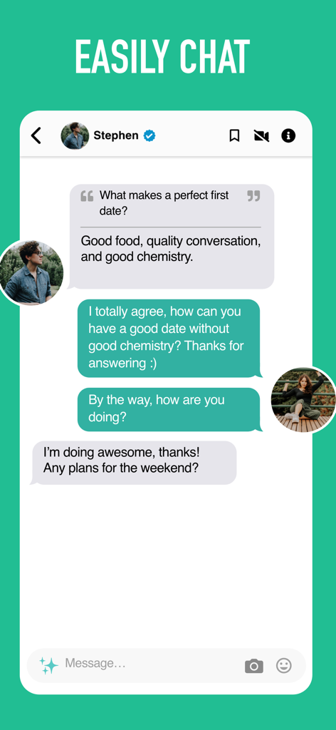 SweetRing Dating App - A chat interface in the SweetRing dating app where two users are having a conversation started from a question prompt