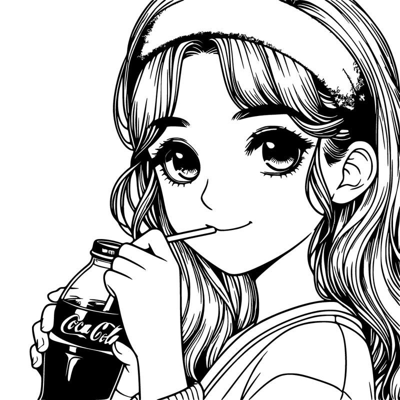 realistic girl drinking cola and is wearing a headband