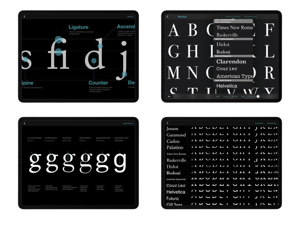 Typography Insight - Typography Insightアプリの4つのスクリーンショットで、iPad上のフォント解剖学的図と書体比較を示している様子