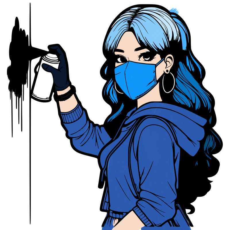 realistic girl with mask spray painting a wall