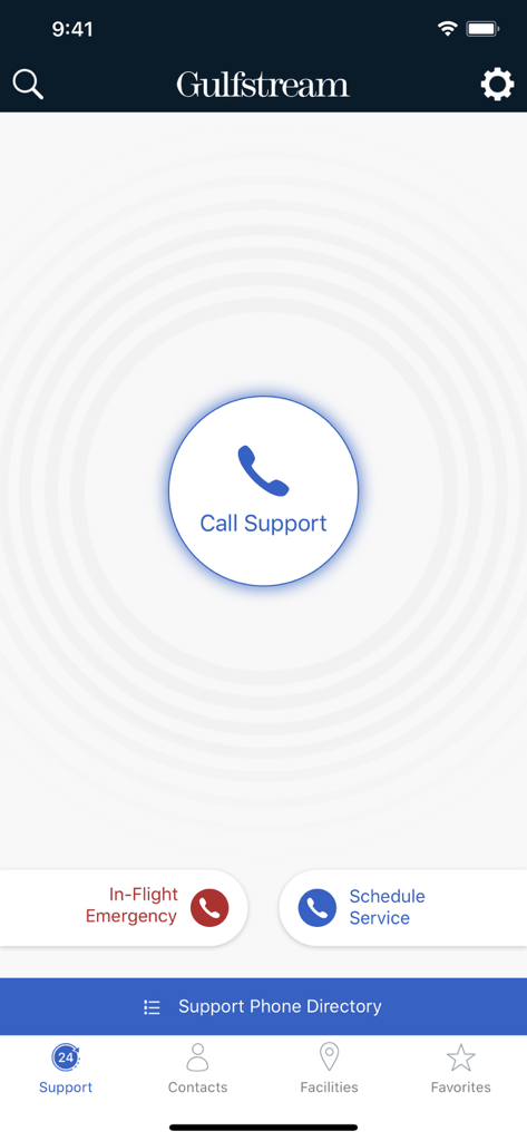 Gulfstream 24-Hour Support app home screen with call support and emergency buttons.