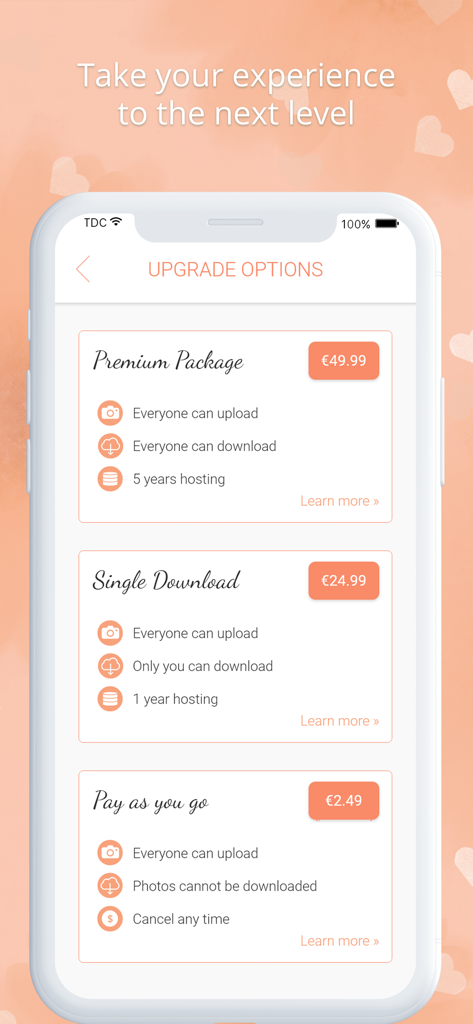 Wedding photo app by Wedbox - Upgrade options screen in the Wedbox wedding photo app showing Premium and Pay as you go pricing tiers